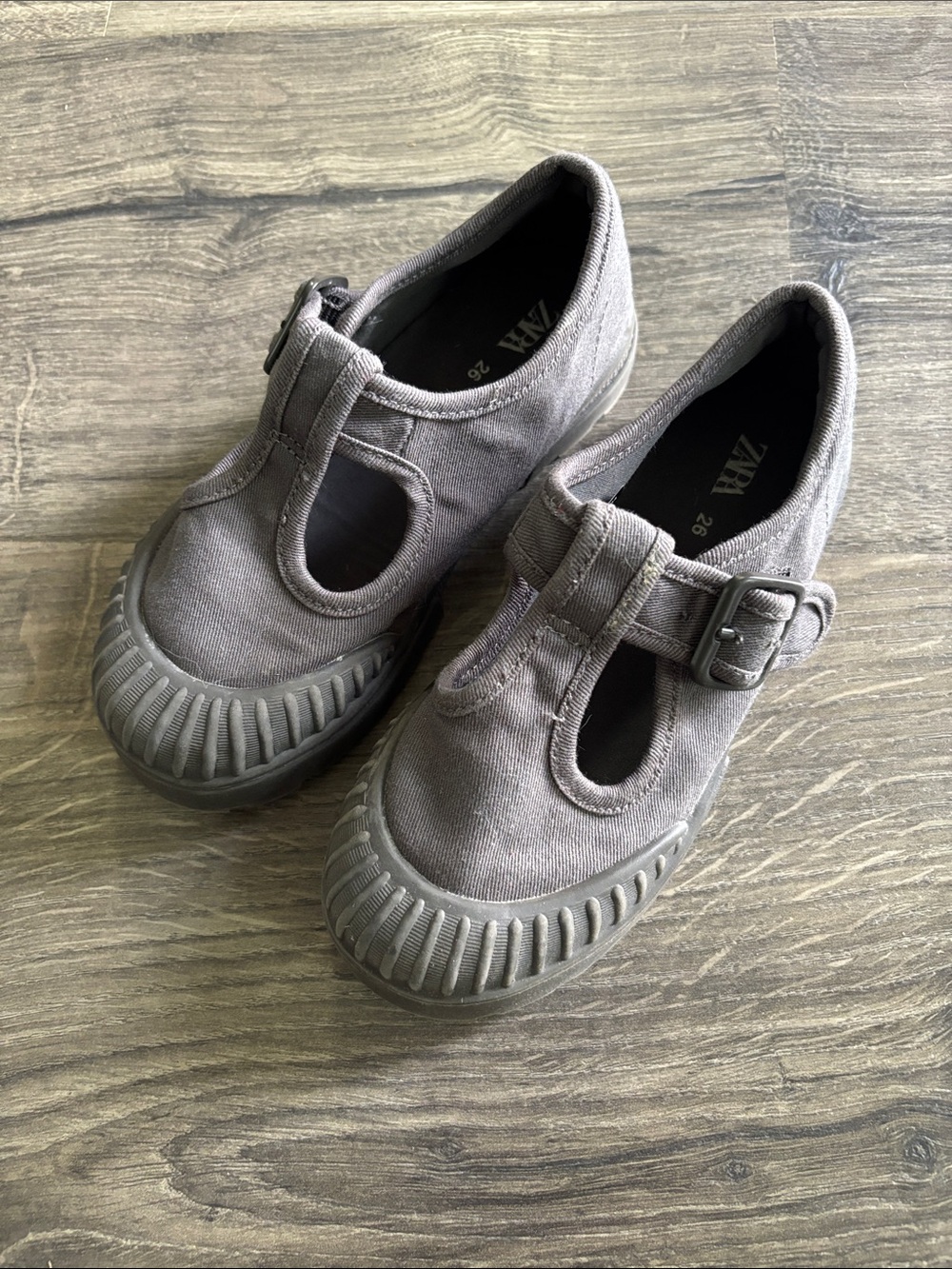 Zara Gray Canvas T-Strap Kids Dress Shoes